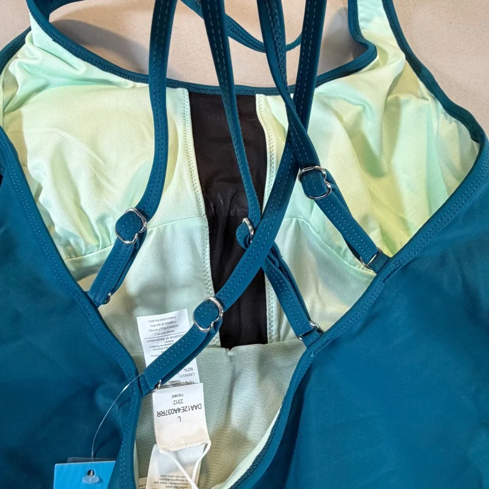 Cupshe Teal‎ Blue One Piece Swimsuit Mesh Plunge Gold Belt Tummy Contouring NEW